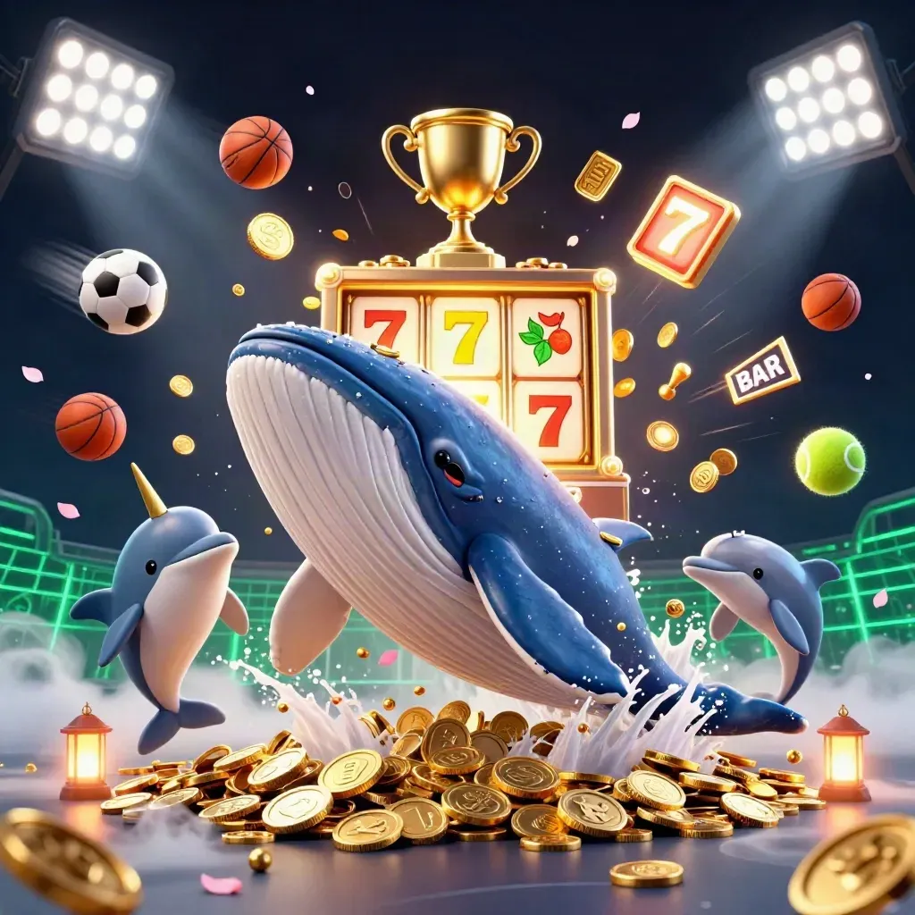 Whale captain, narwhal and dolphins burst through coins with neon grid casino effects.