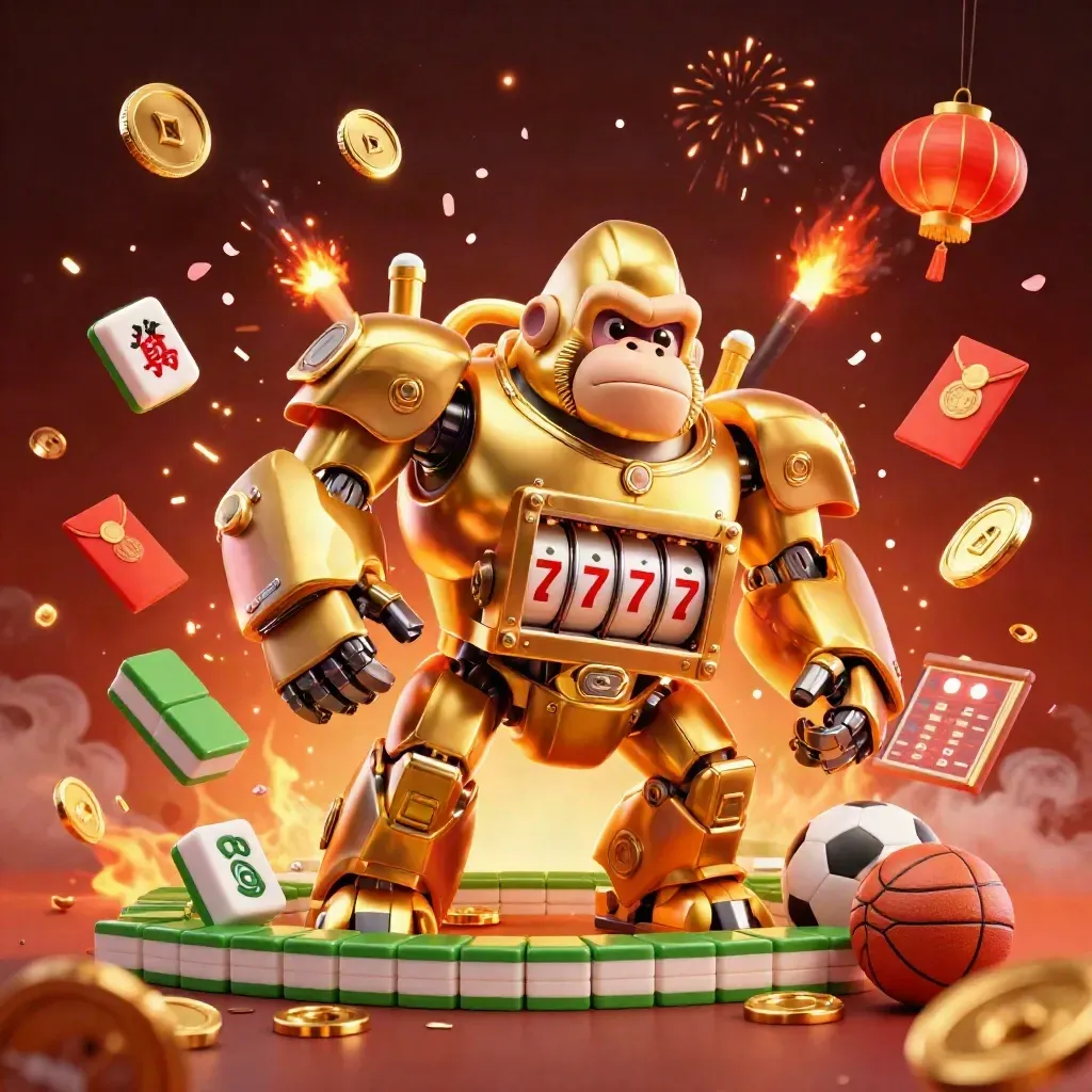 Golden gorilla mech with tiny monkey pilot amid casino coins, fireworks and lanterns.