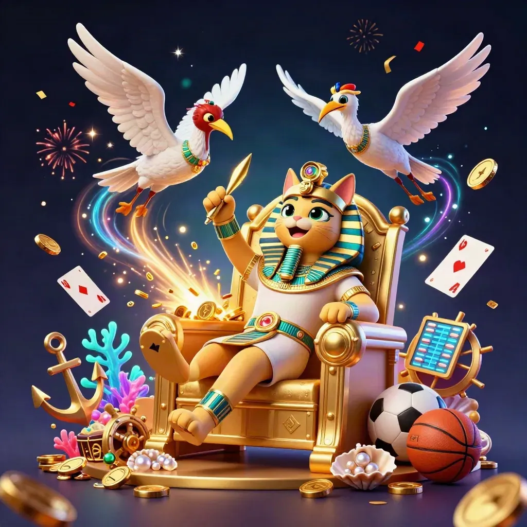 Pharaoh cat on a throne with ibis scribe, scarabs, coins, coral, cards, and casino items exploding in celebration.