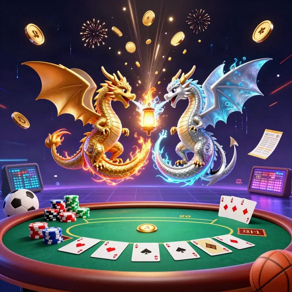 Gold and silver dragons spiral above casino chips, cards, balls and a glowing vault burst.