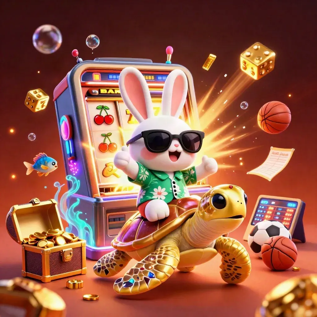 Lucky rabbit rides golden turtle amid slot bursts, coins, fireworks, and casino glow.