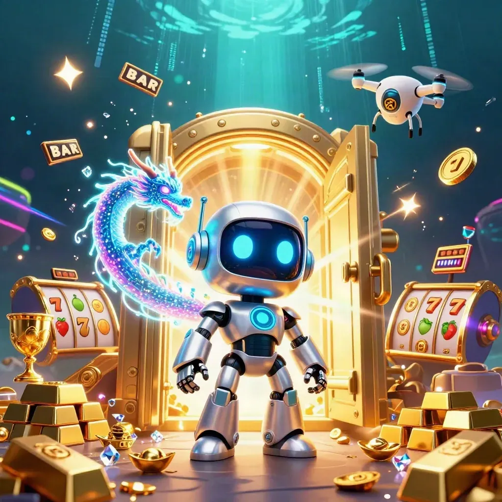 Robot mascot, holographic dragon and coin drone amid treasure vault and casino lights.