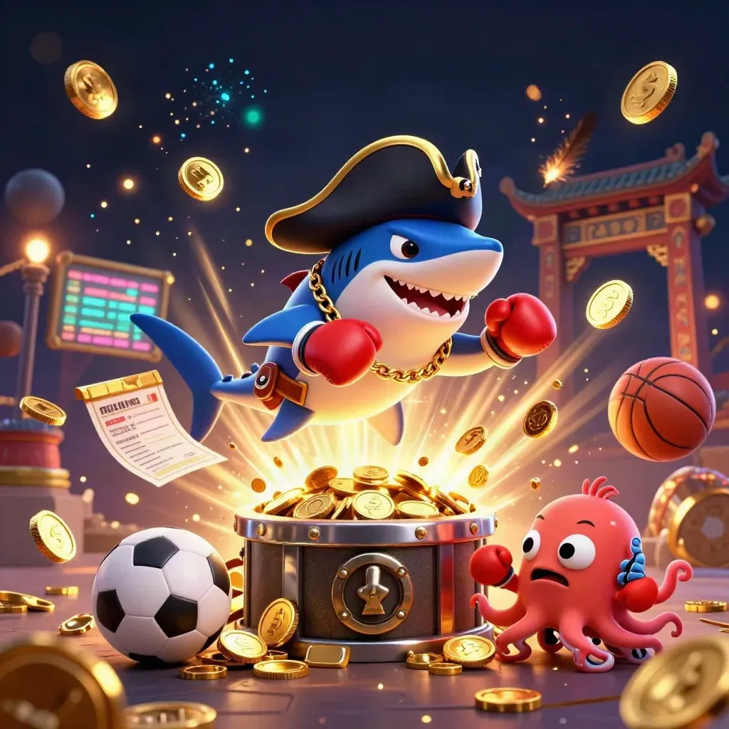 Shark pirate, boxing pufferfish and juggling octopus amid coins, vault sparks and neon casino glow