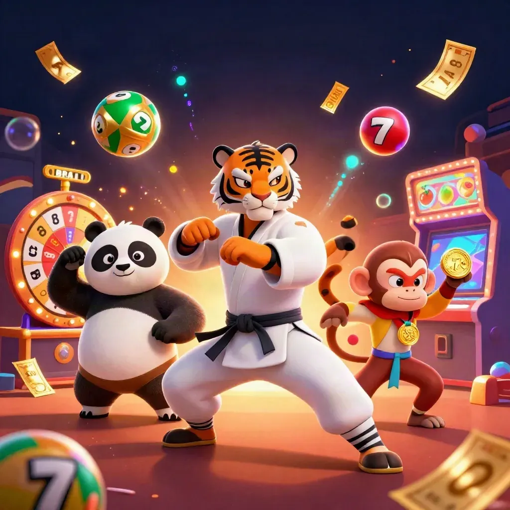 Kung-fu tiger, panda, and monkey raid a casino glow of reels, medals, and prize-wheel sparkles.
