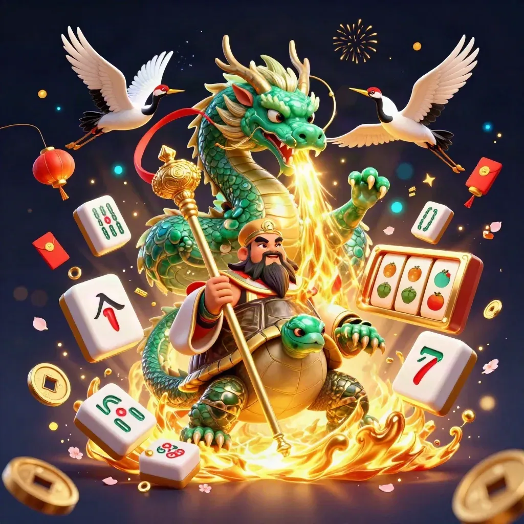 Emerald dragon, turtle sage, and cranes burst amid casino symbols on a dark luxe background.