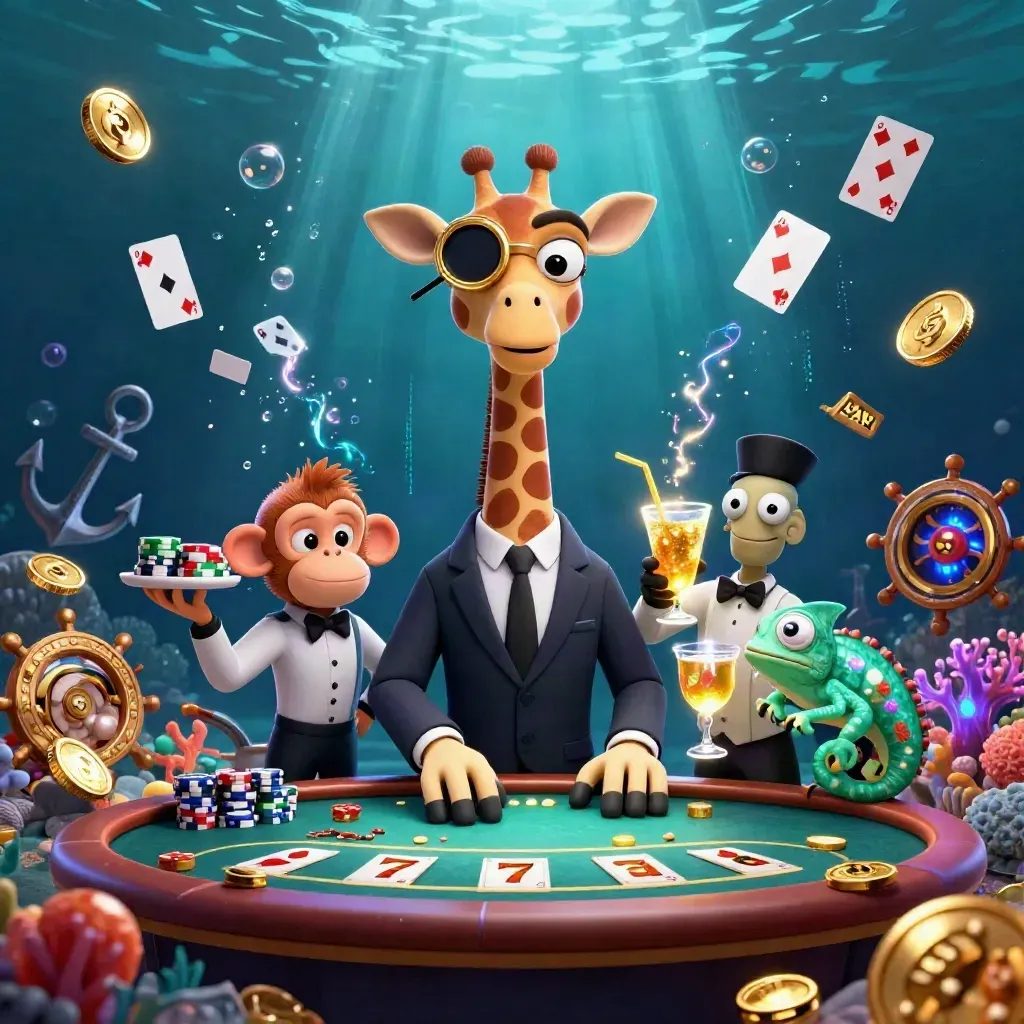 Three casino mascots in an underwater treasure cove with coins, cards, and neon glow.