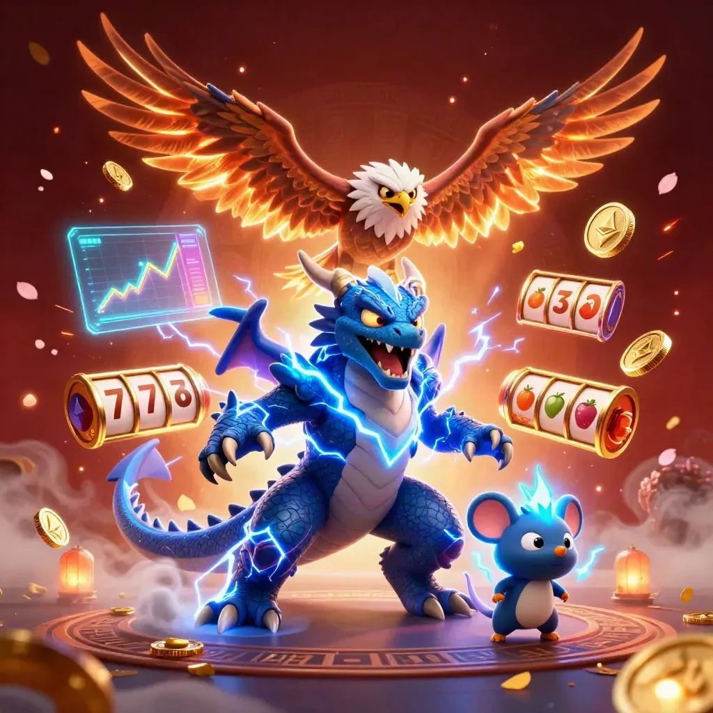 Thunder dragon, wind hawk, and crackling mouse amid casino coins and neon effects.