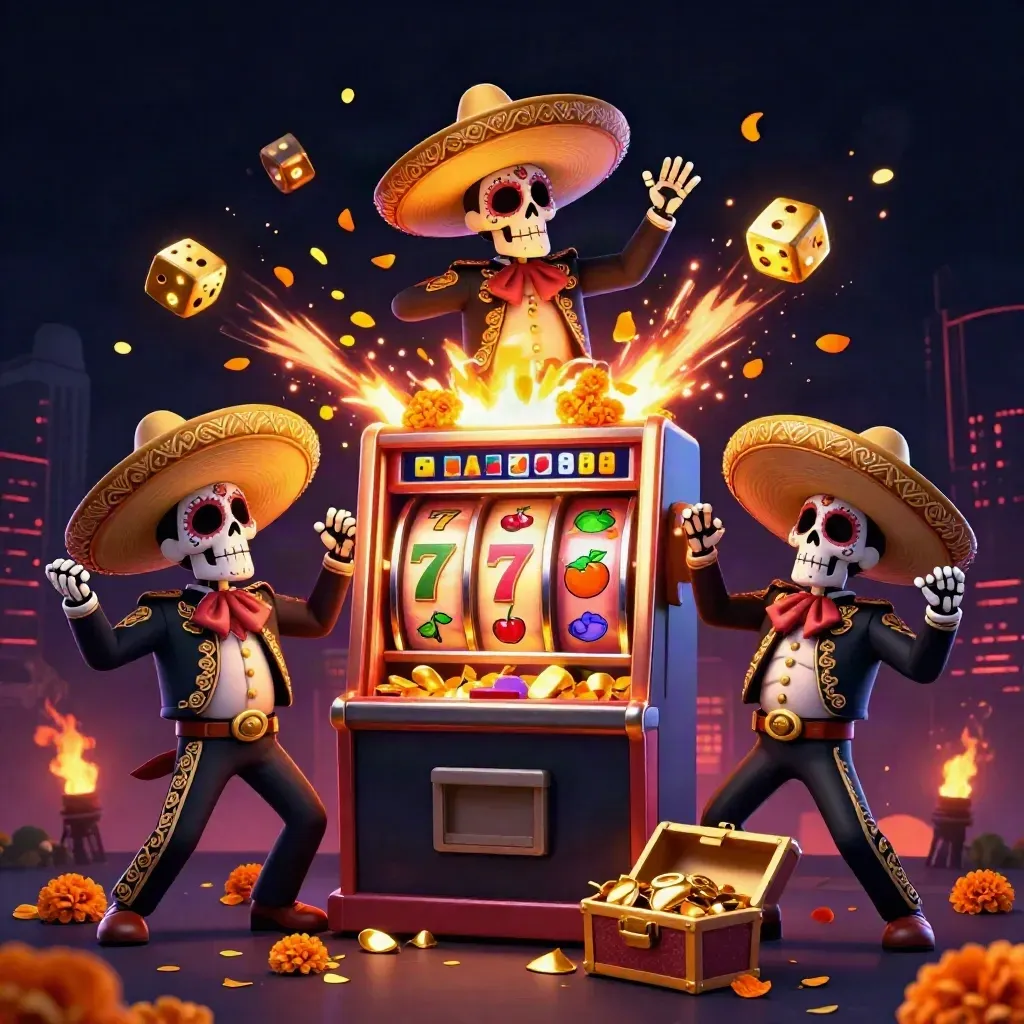 Skeleton mariachi trio bursts around a glowing slot machine with gold, dice, and petals.