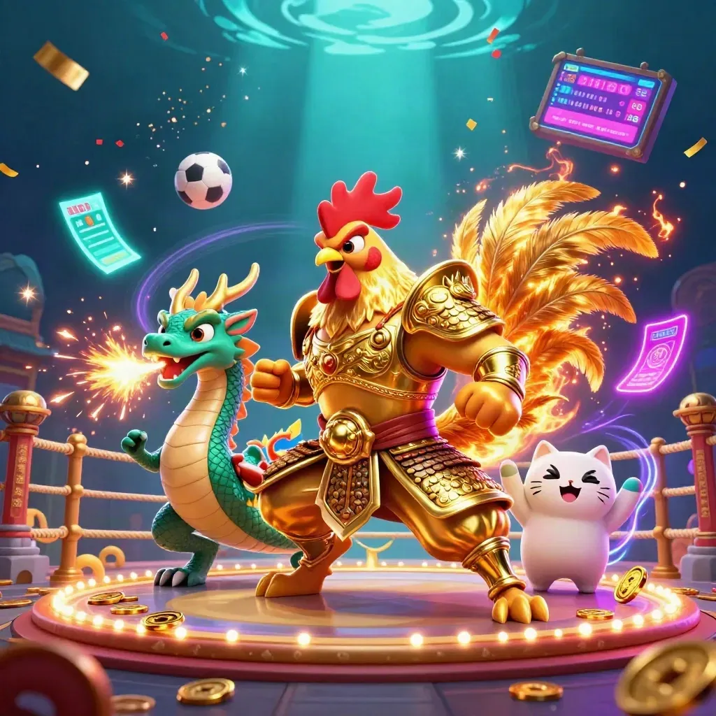 Rooster samurai, dragon hatchling, and fortune-cat amid casino sparks and gold.