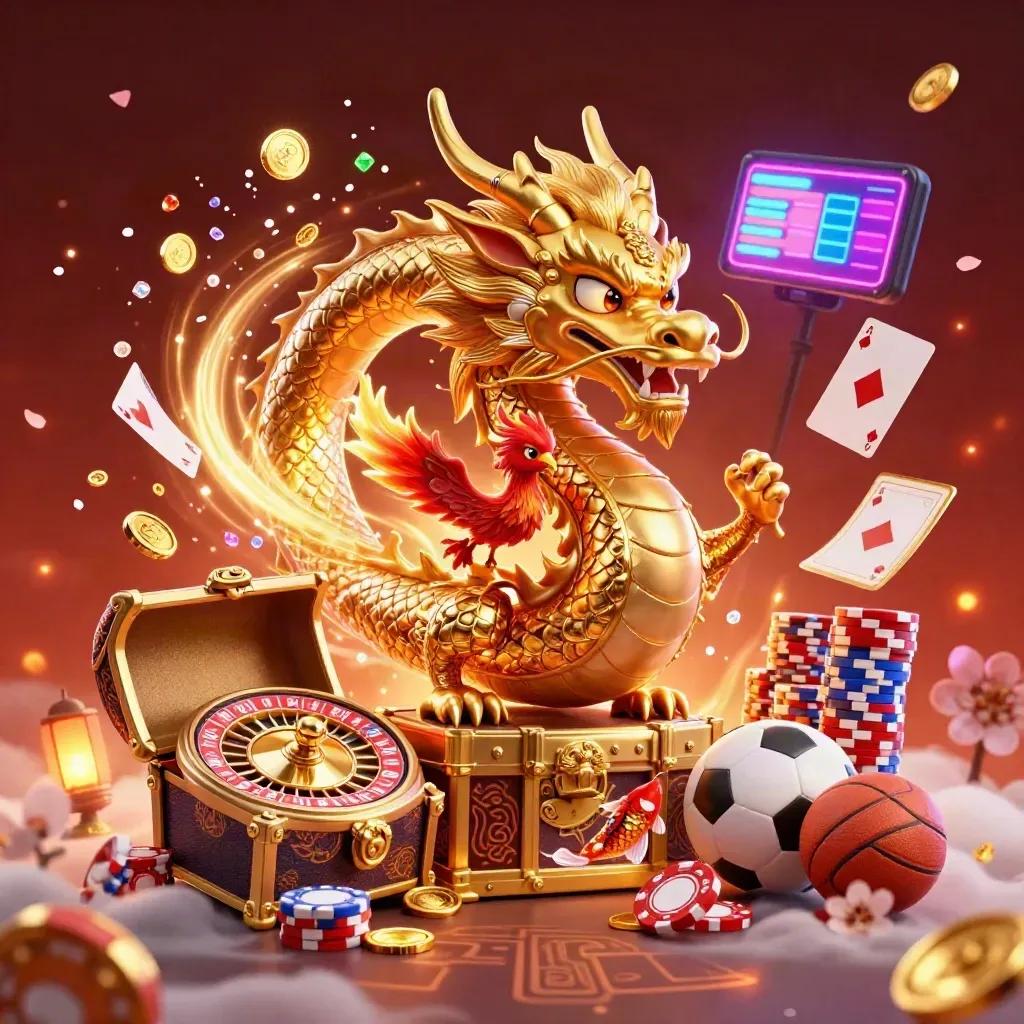 Golden dragon with phoenix, koi, chips, coins, and casino symbols in a luxe fantasy burst.