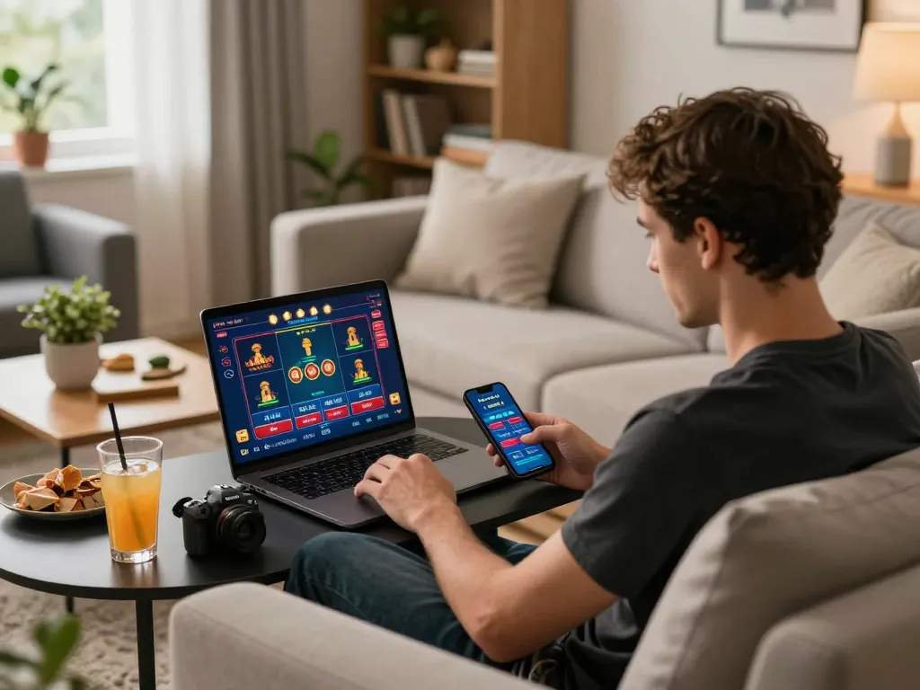 Engaging in online gaming at Trang chủ SV88 with a player strategizing while using their laptop and smartphone in a cozy setting.