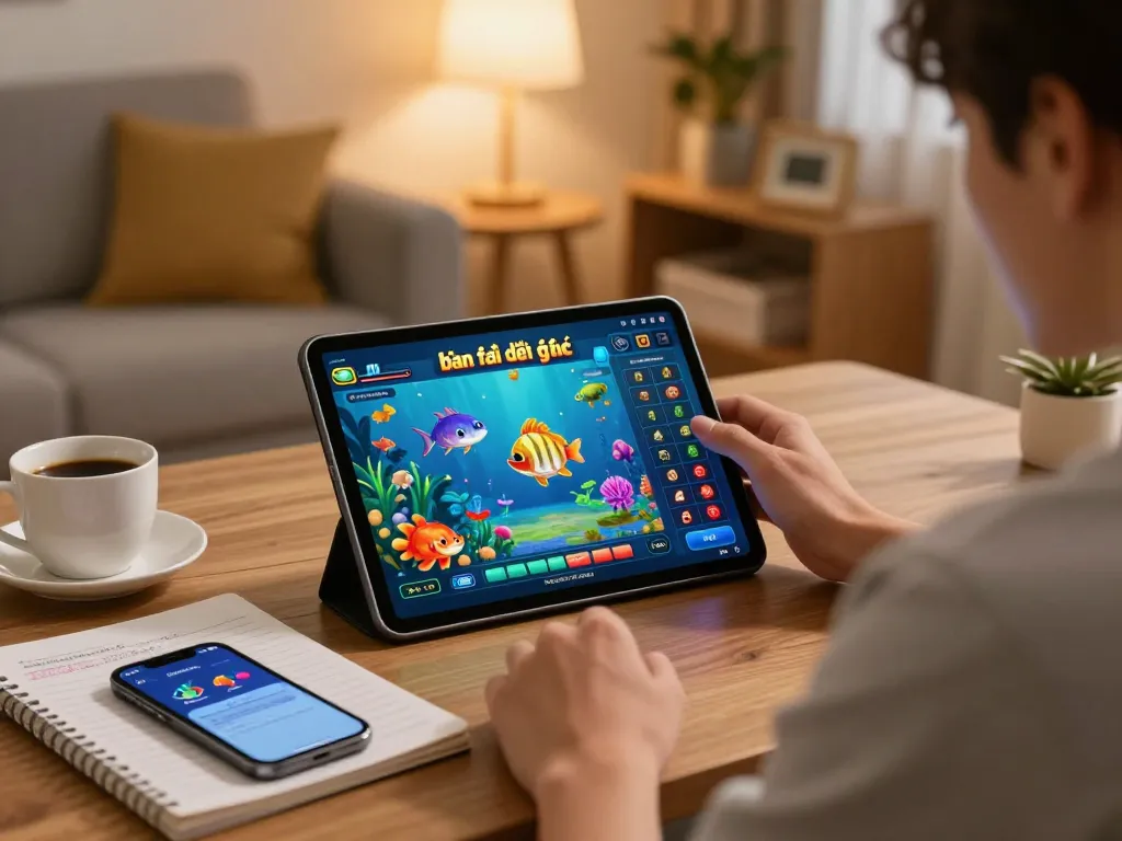 Player immersed in an engaging bắn cá đổi thưởng game on a tablet, showcasing strategic gameplay in a cozy home setting.