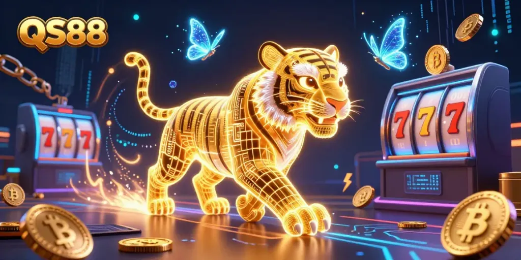 Experience the thrilling QS88 casino adventure with neon elements and rich digital graphics.