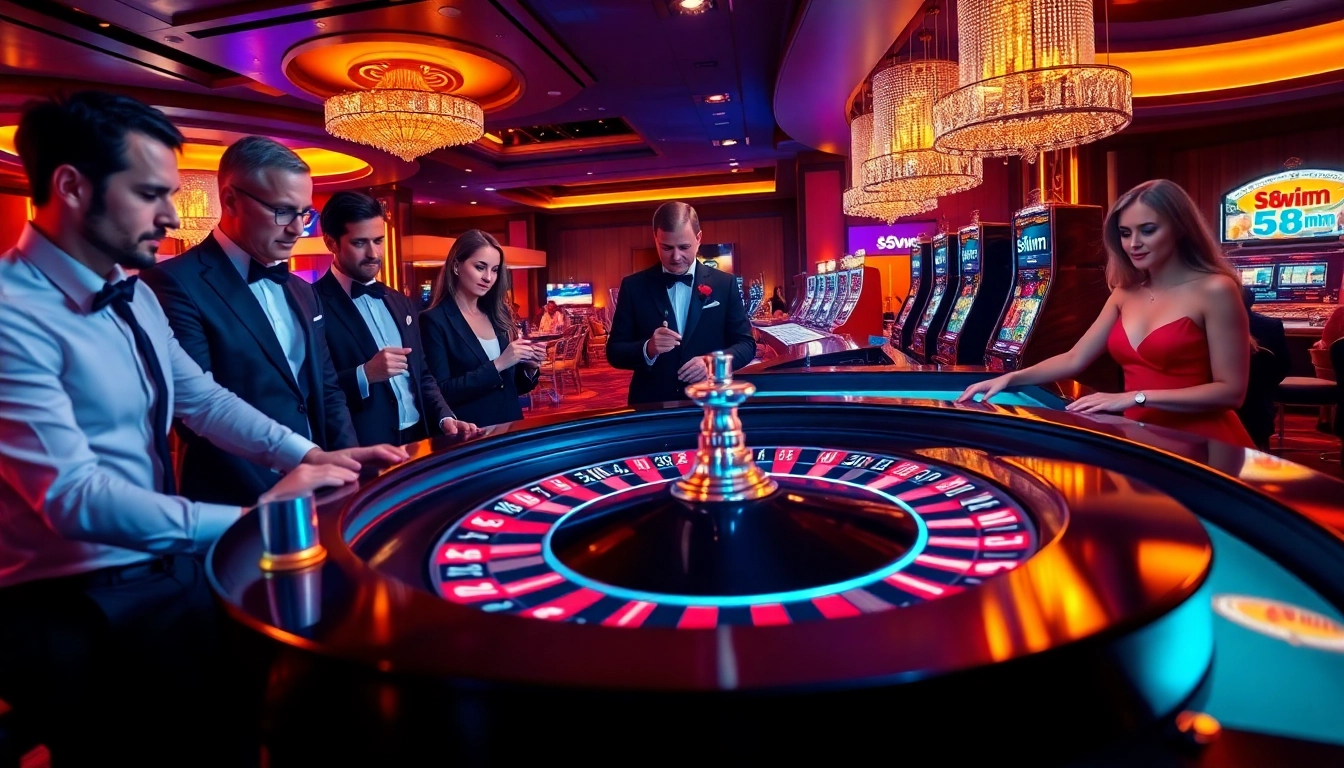 Intense betting action at a roulette table showcasing 58wim in a luxurious casino setting.