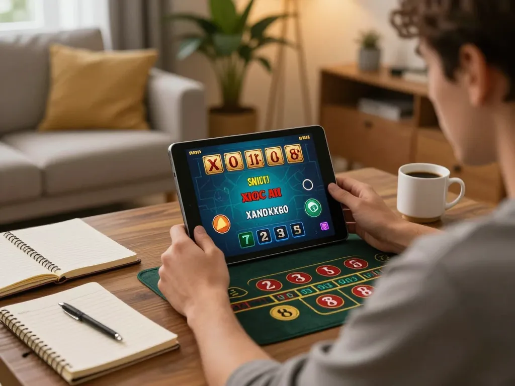 xóc đĩa online gameplay on a tablet shows a player analyzing their betting strategy at home
