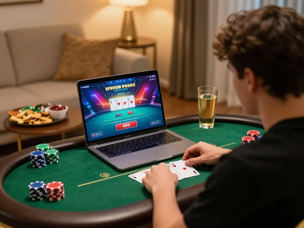 Engaged in a thrilling online poker game with ALO8 live on laptop, showcasing strategic gameplay.