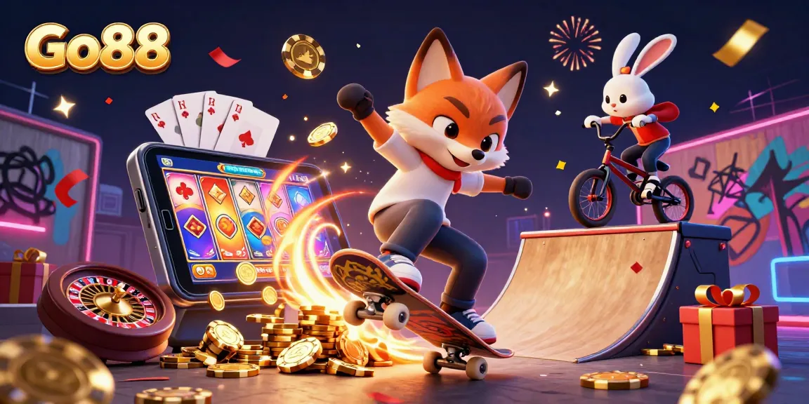 Experience Go88 with a vibrant 3D scene featuring cartoon characters celebrating casino gaming excitement.