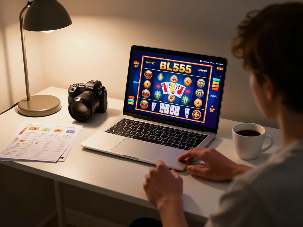 Player engaging with BL555 online casino games on a laptop in a cozy home environment.