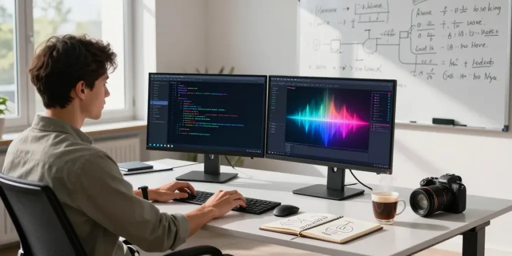 Person engaged in instant indexing at a modern office workspace, showcasing dual screens and an energized atmosphere.