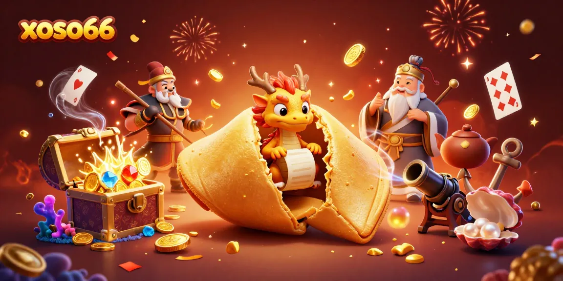 Engage with xoso66's vibrant online casino experience featuring a wise dragon, fortune cookie, and gold.