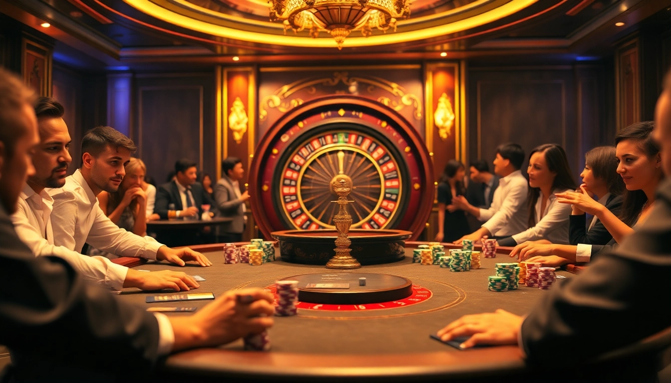 A dynamic casino scene at c54.gb.net featuring an exhilarating poker game with professional dealers and vibrant lighting.