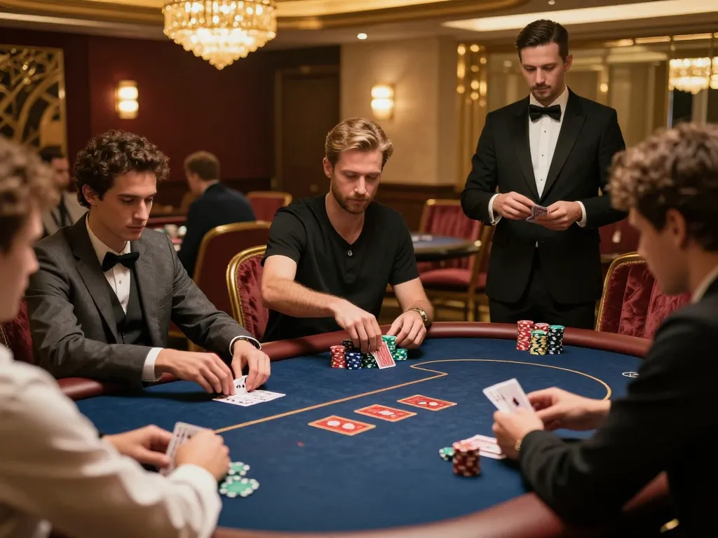 Engaged players strategizing at a high-stakes poker table in a luxurious setting at 13win.