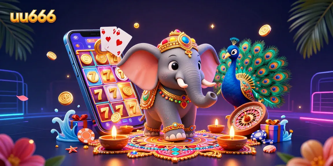 uu666 showcases a vibrant 3D casino theme with elephants, slot games, and festive elements.