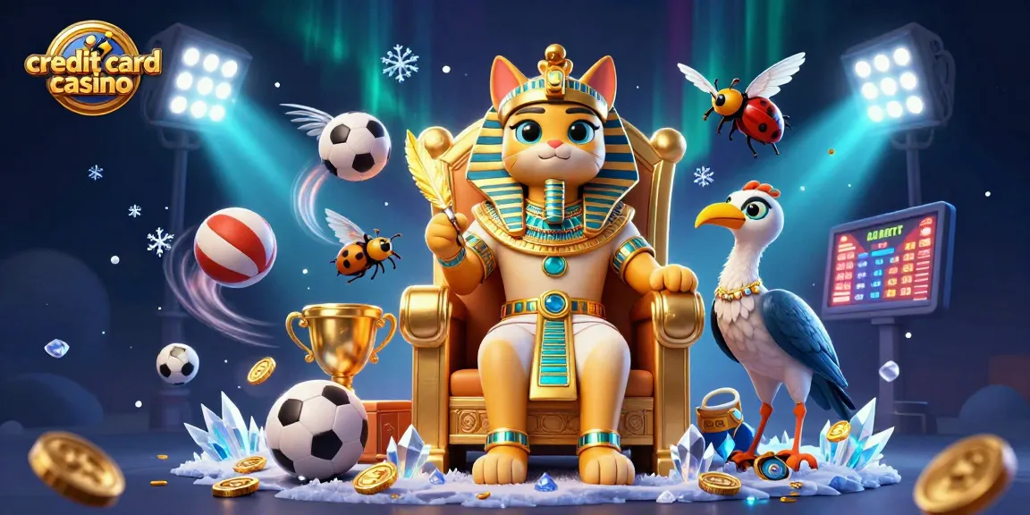Engage with the vibrant scene of a credit card casino featuring a regal pharaoh cat and dynamic sports elements