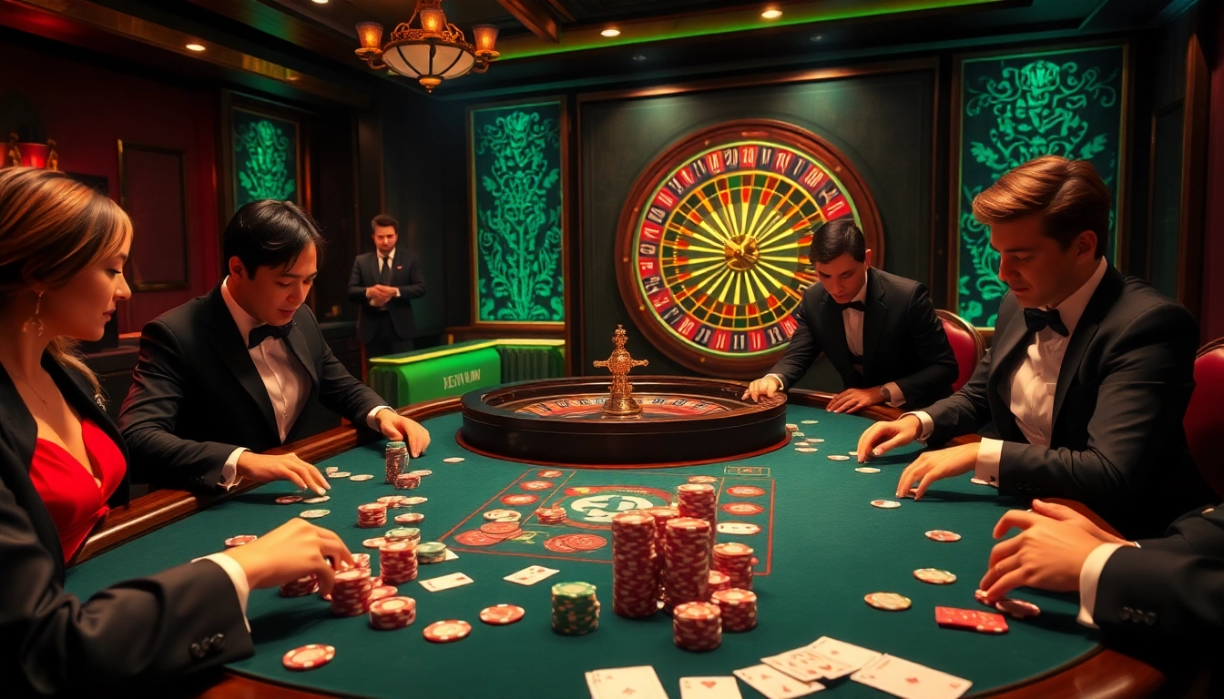 Experience the excitement of high-stakes gambling at a luxurious casino with newphim, featuring poker games and roulette.