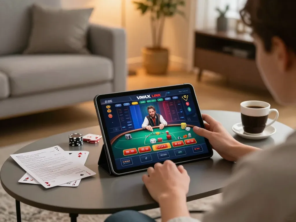 Engaging moment of user exploring VMAX LINK casino games from a cozy home setup with a stylish tablet interface.