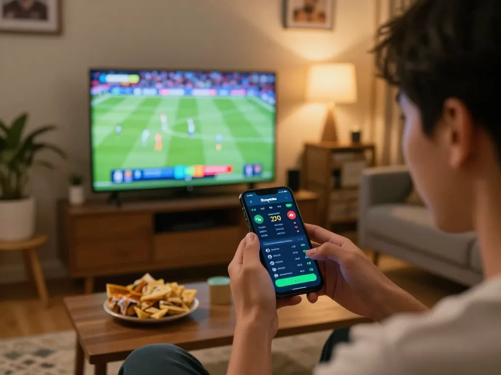 Person using Bongdalu app to place sports bets while watching a live match on TV.