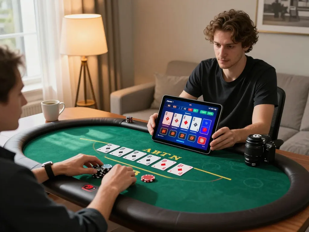 Engaging in online poker through xin88 on a tablet in a cozy home setting