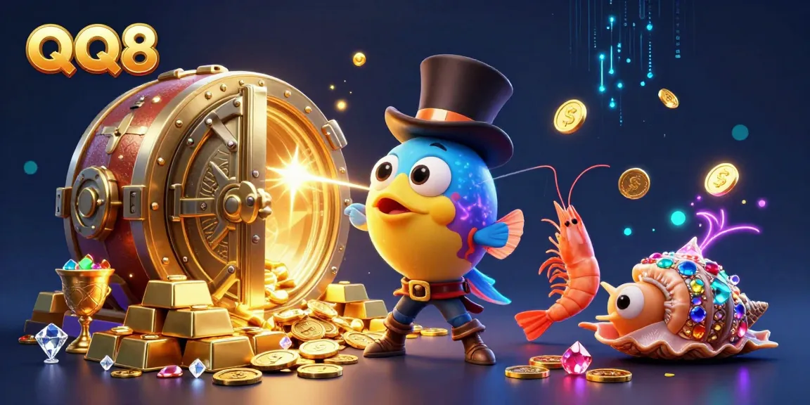 QQ8 attracts attention with a glowing anglerfish amidst treasures and vibrant casino elements.