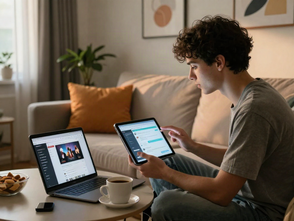 Engaging with AI chat porn on a tablet in a cozy living room.