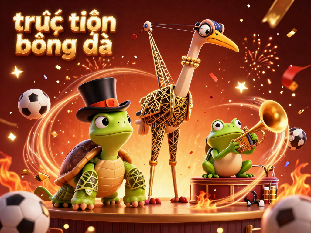 Experience trực tiếp bóng đá with our vibrant gaming atmosphere, featuring dynamic character interactions and colorful trophy displays.