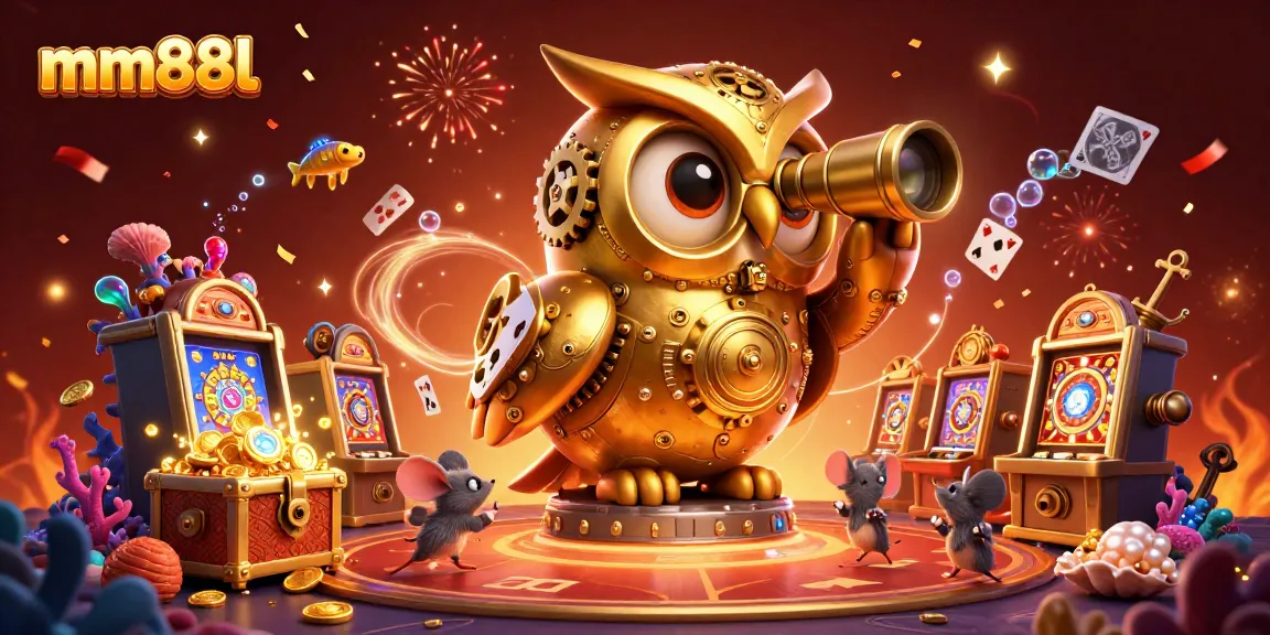 Spin the reels at mm88l as a golden owl observes an exciting casino environment filled with treasures.