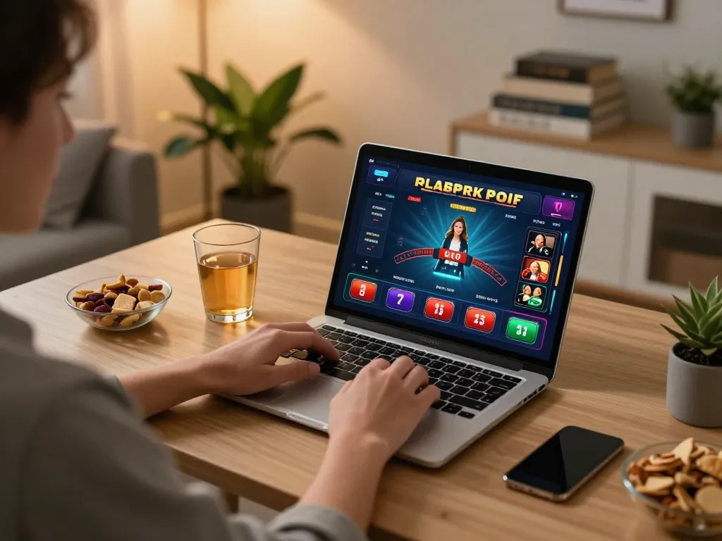 Engaging in online casino gaming at home with 789club on a laptop, displaying a vibrant live game interface.