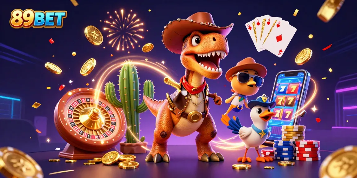 Experience thrilling 89BET casino action with animated characters amidst vibrant gaming elements.