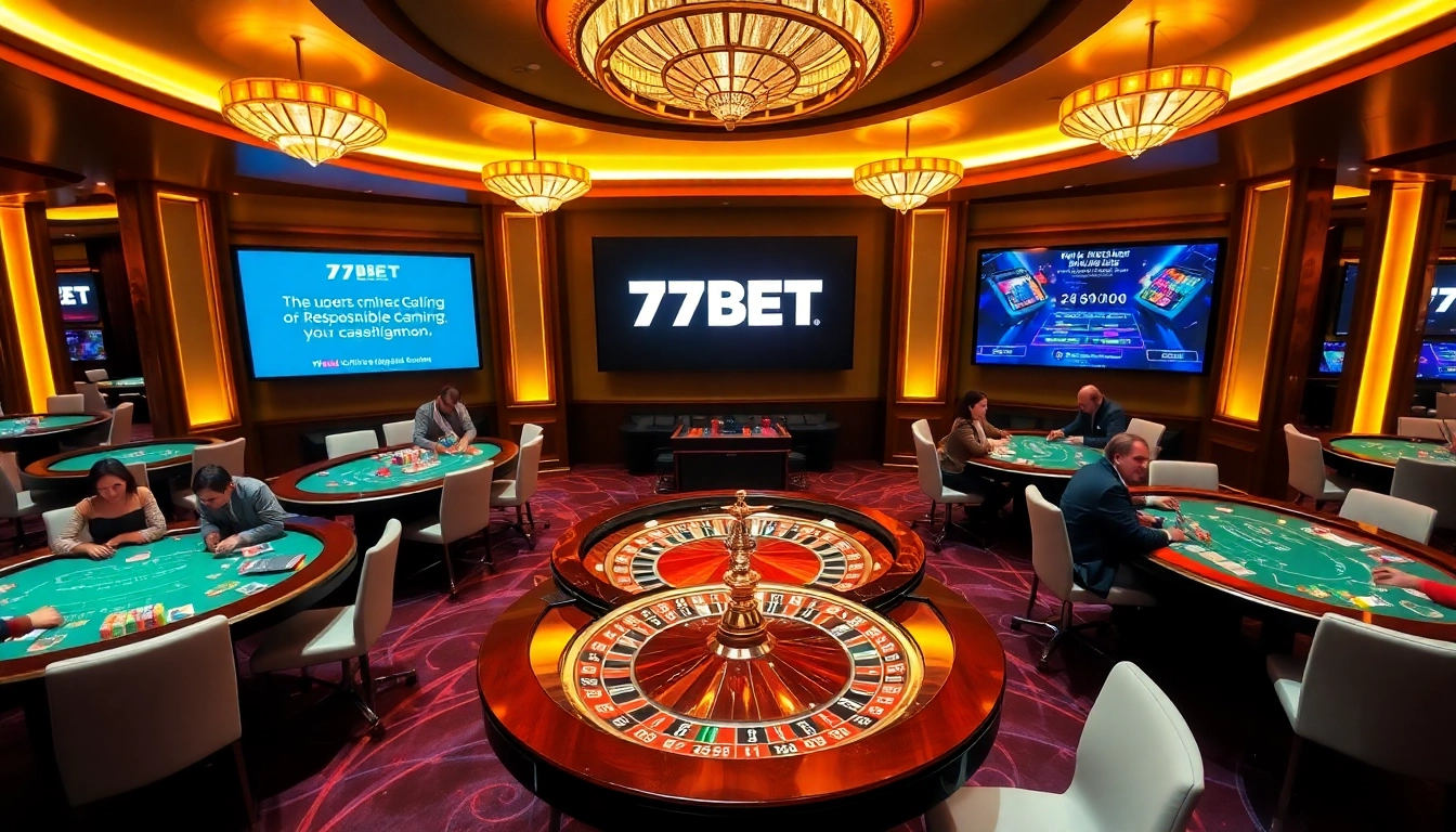 77BET casino scene showcasing an engaging roulette game and vibrant poker tables.