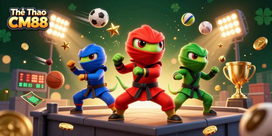 Thể Thao CM88 showcases a colorful chameleon ninja team amidst thrilling sports action and dynamic betting elements.