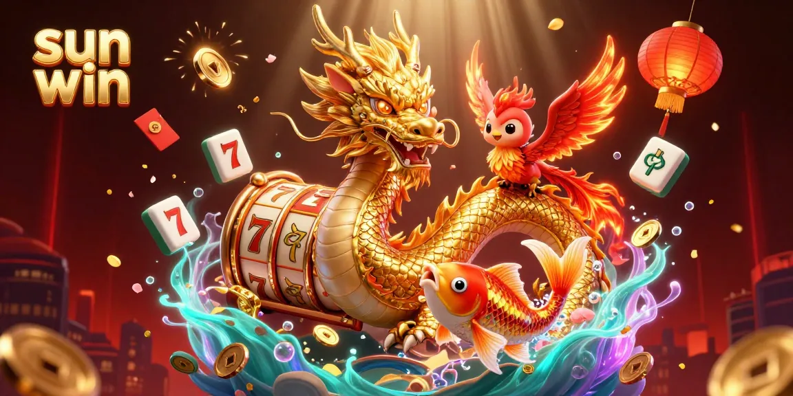 Experience excitement with sun win as a dragon carries a phoenix amidst slot reels and coins.