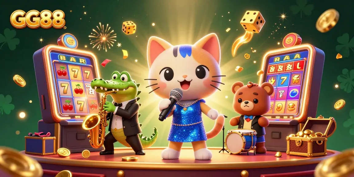 Experience exciting GG88 gameplay with a vibrant casino scene featuring lively animals and jackpot elements.