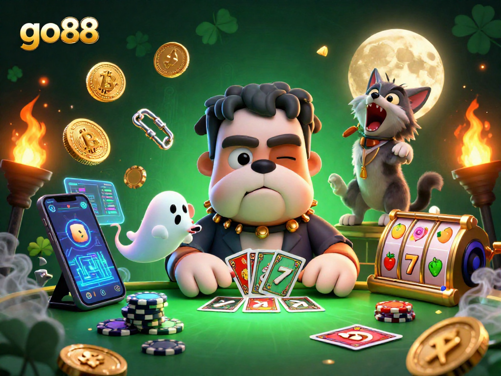 Engage with go88's dynamic gaming scene featuring a Frankenstein bulldog dealing cards amidst crypto elements.