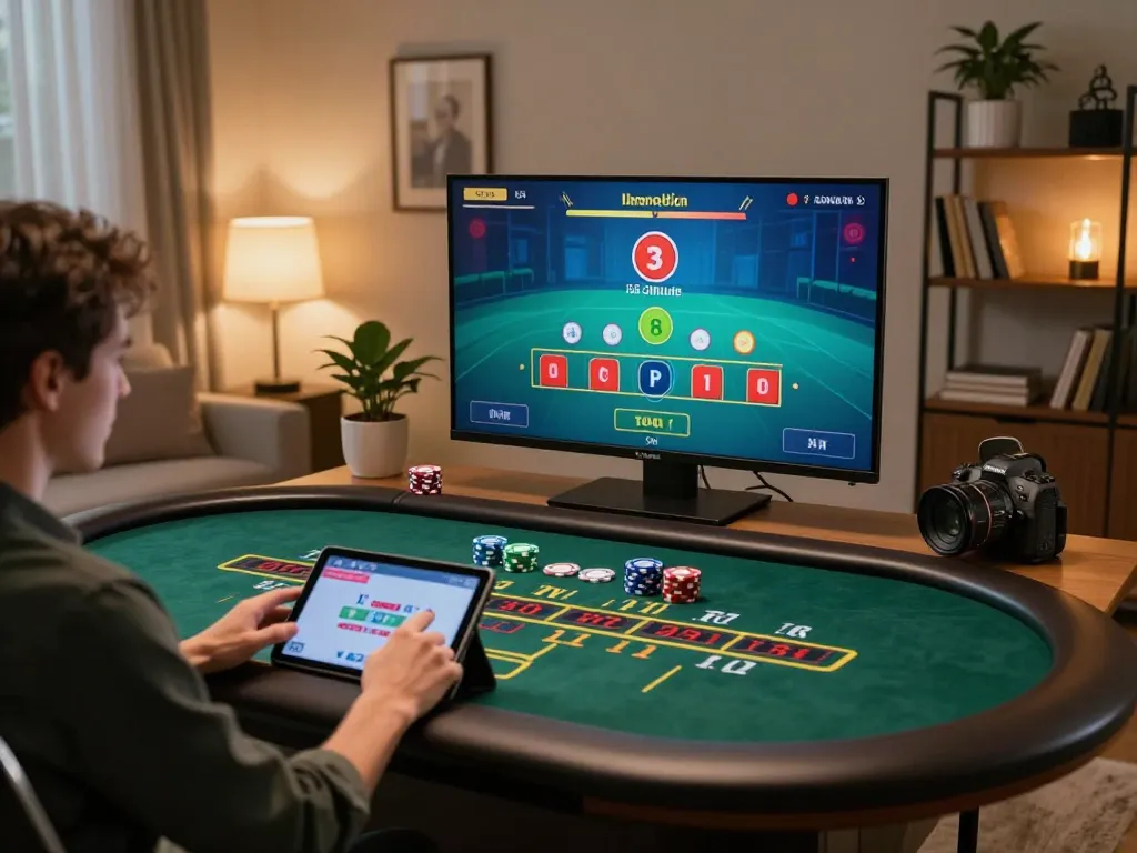 Person engaging in baccarat at UU88 with tablet and live dealer interface in stylish home setting