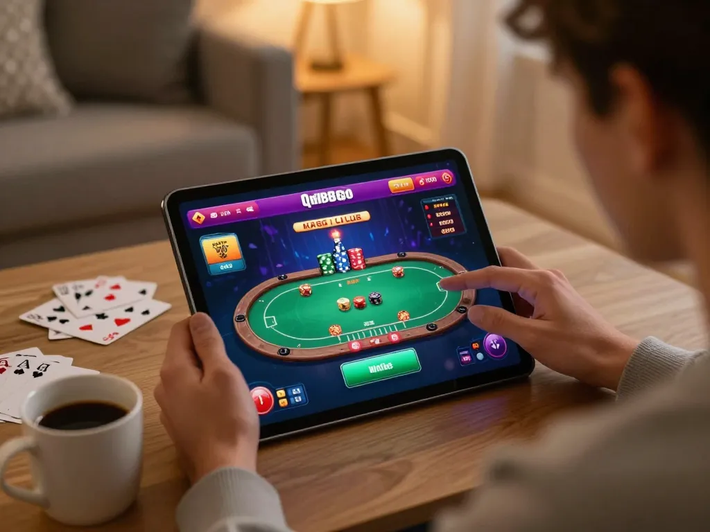 Engaging with online poker interface on qh88go tablet, enjoying home gaming session.
