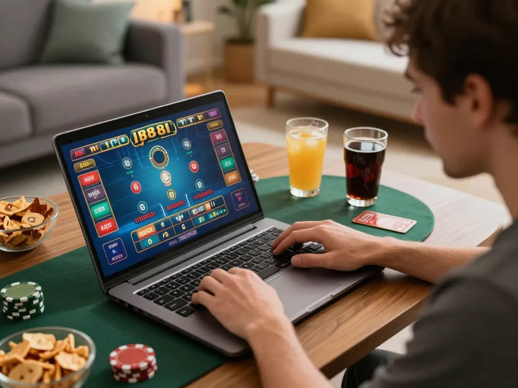 Engaging user mastering BJ88 online gaming in a cozy home environment, showcasing strategic gameplay.