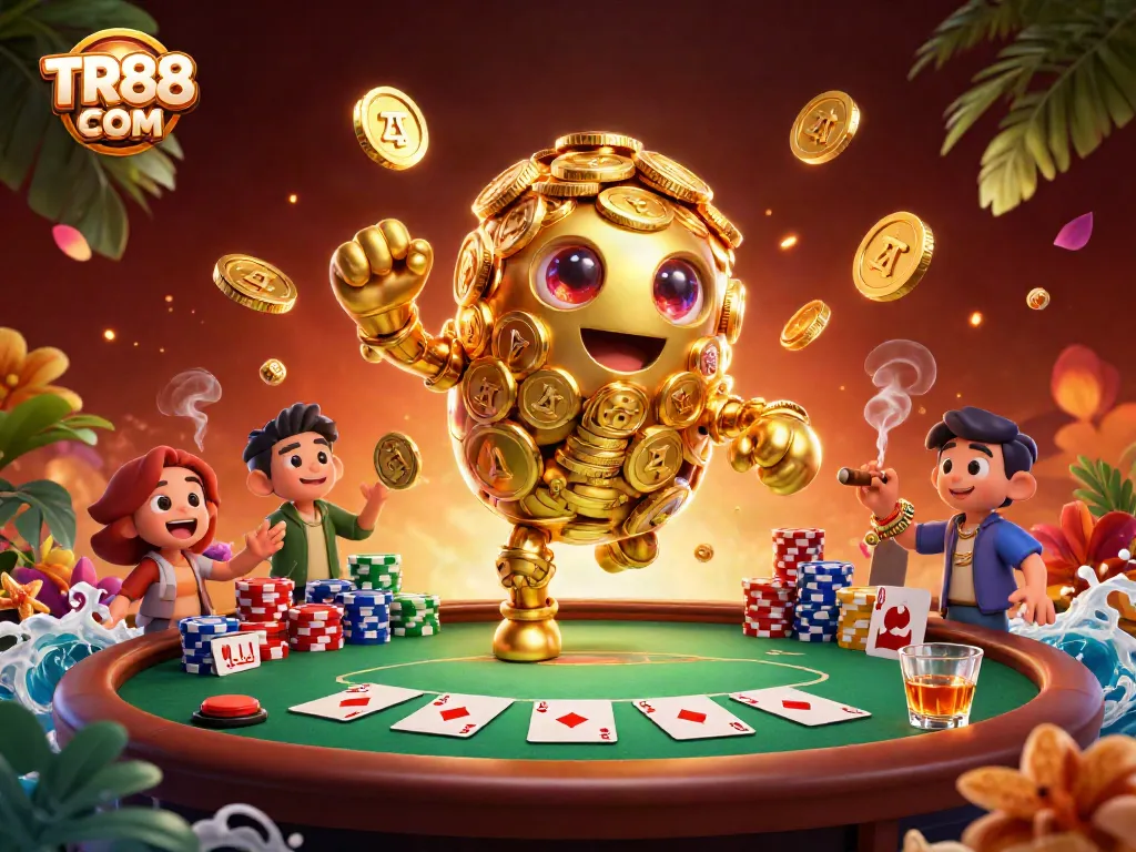Engage with TR88 COM's vibrant casino scene featuring a golden golem and poker game.