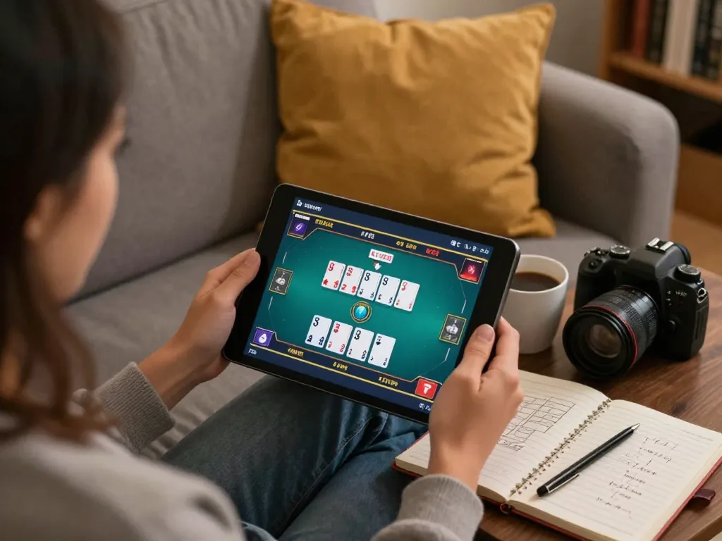Player engaging in online poker on tablet at home, showcasing rachit's strategic gameplay in a cozy atmosphere.