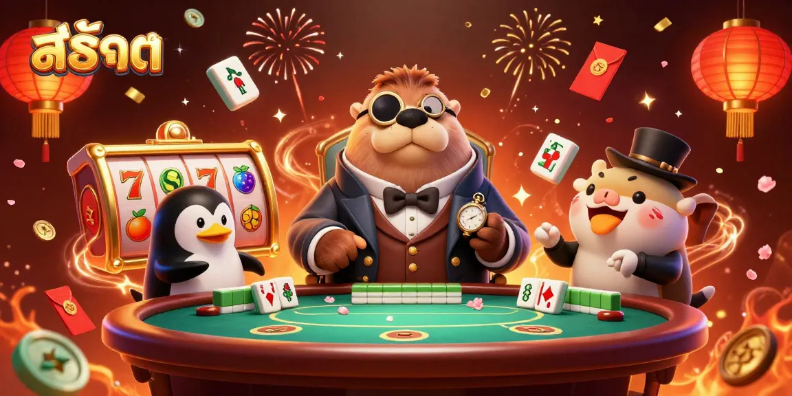 Spin the สล็อต reels with a jolly walrus and friends in a vibrant casino scene.