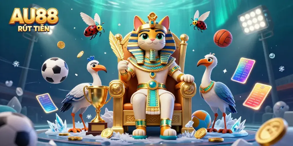 Dynamic AU88 RÚT TIỀN scene showcasing a pharaoh cat and scribe amid vibrant sports elements.